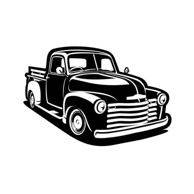 Klasik Retro Vintage Çiftlik Kamyonu Vektör Sanat Resimleri Tek Renkli Silüet