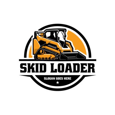 Skid Steer Loader Logo Amblemi İllüstrasyonu. Patinaj Parçası Yükleyici Logosu