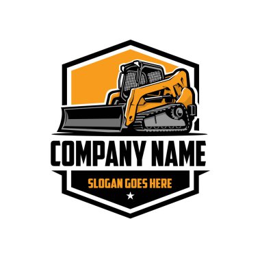Skid dümen yükleyicisi buldozer amblemi logo vektörü izole edildi. İnşaat ve kazı sektörü için en iyisi