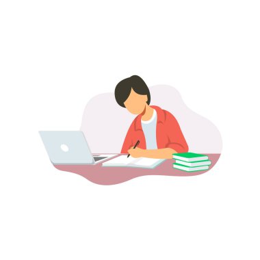 Öğrenci öğrenme vektör çizimi izole edildi. Laptop ve kitapla üniversite öğrencisi eğitimi