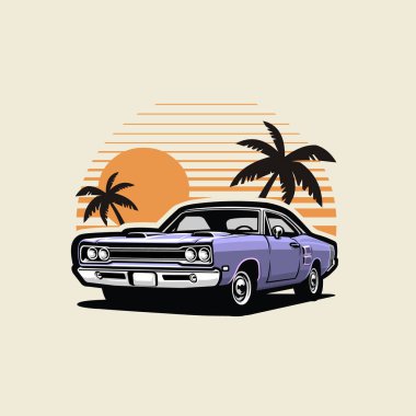 Plaj vektörü illüstrasyonundaki klasik kaslı araba izole edildi. Otomotiv Tişörtü Tasarımı İçin En İyi