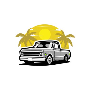 Plaj Vektörü Sanat İllüstrasyonunda Klasik Kamyonet İzole Edildi