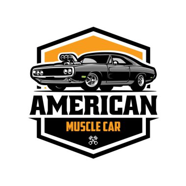 Klasik Amerikan kaslı araba amblemi logo vektörü izole edildi.