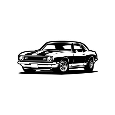 Kaslı araba vektörü izole edildi. Siyah ve beyaz tek renkli klasik Amerikan spor araba illüstrasyonu