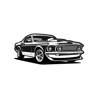 Birinci sınıf Amerikan kaslı araba tek renkli siluet vektörü siyah ve beyaz izole edilmiş.