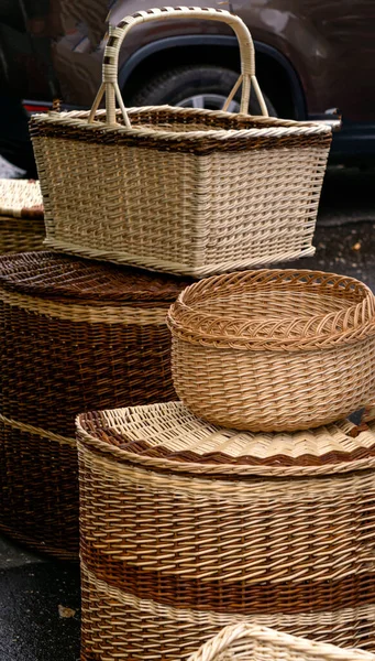 Many Different Wicker Baskets Made Natural Material Close Fair — Stock Photo, Image