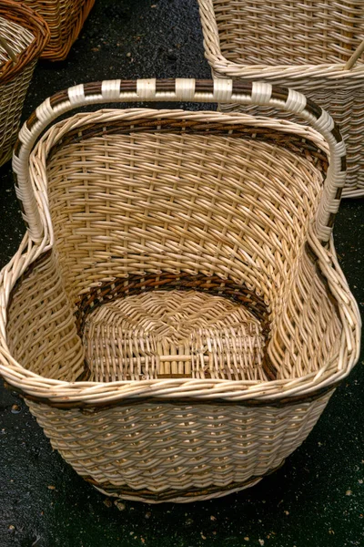 Unusual Wicker Basket Made Natural Material Close Fair — Stock Photo, Image