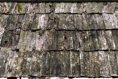 Çatıda eskimiş ahşap kiremitler. Eski evin ahşap çatı kiremidi