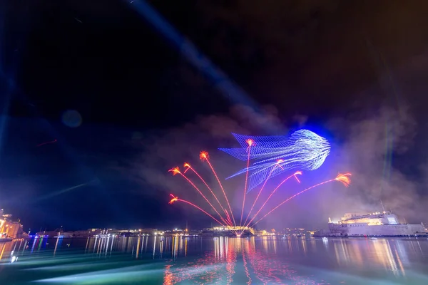 파이어 Malta Fireworks Festival 항구에서 2023 열리는 행사이다 음악의 — 스톡 사진