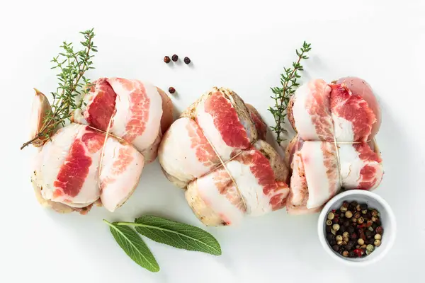 Uncooked Chicken Thighs Wrapped Bacon Italian Cuisine White Royalty Free Stock Images