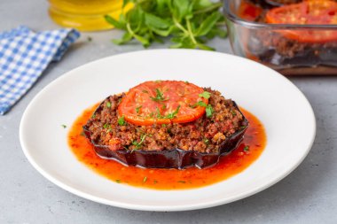 Traditional, delicious Turkish food, eggplant dish. Turkish name; Patlican oturtma