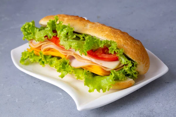 Cheese Ham Lettuce Tomato Slices Appetizing Tasty Sandwich — Zdjęcie stockowe