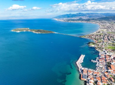 Aerial drone view of Urla district of Izmir, Turkey's third largest city. Iskele - Karantina island - Turkey