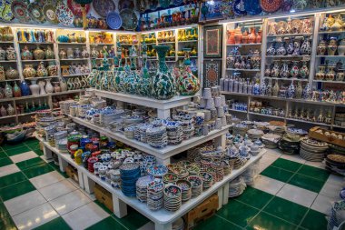 Kutahya - Turkey, February 21, 2023: various ceramic art and tiles souvenir market displays stand in Kutahya. famous with ceramic, Kutahya has many tiles and ceramic manufacturer.