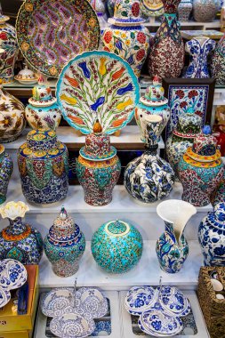 Kutahya - Turkey, February 21, 2023: various ceramic art and tiles souvenir market displays stand in Kutahya. famous with ceramic, Kutahya has many tiles and ceramic manufacturer.