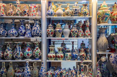 Kutahya - Turkey, February 21, 2023: various ceramic art and tiles souvenir market displays stand in Kutahya. famous with ceramic, Kutahya has many tiles and ceramic manufacturer.