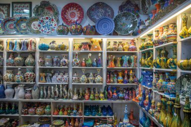 Kutahya - Turkey, February 21, 2023: various ceramic art and tiles souvenir market displays stand in Kutahya. famous with ceramic, Kutahya has many tiles and ceramic manufacturer.