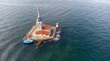 Istanbul - Turkey, September 8, 2021, Aerial Drone View of Maiden's Tower in Uskudar Istanbul - Kiz Kulesi, Turkey