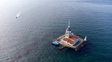 Istanbul - Turkey, September 8, 2021, Aerial Drone View of Maiden's Tower in Uskudar Istanbul - Kiz Kulesi, Turkey
