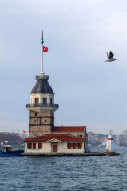 Istanbul - Turkey, September 8, 2021, Aerial Drone View of Maiden's Tower in Uskudar Istanbul - Kiz Kulesi, Turkey