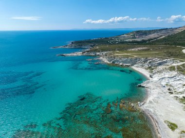 Alacati Beach in Cesme Town, Delikli koy aerial view with drone
