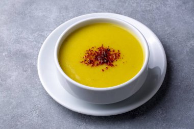 Traditional delicious Turkish foods; Red lentil soup (Turkish name; Mercimek corbasi)