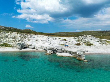 Alacati Beach in Cesme Town, Delikli koy aerial view with drone