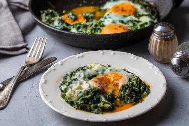 Yumurtalı Türk yemeği ıspanağı. Türkçe adı: ispanakli yumurta