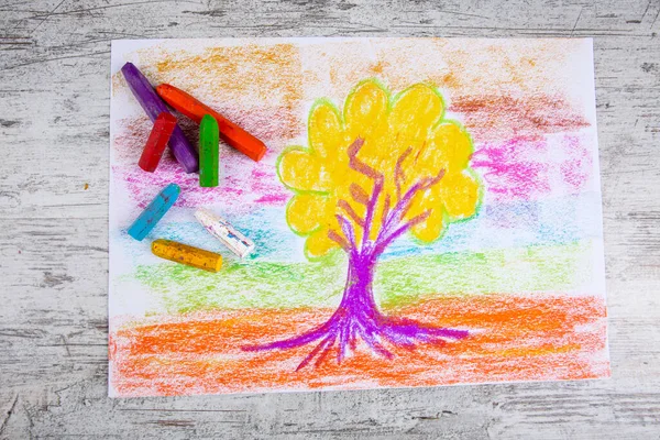 stock image Child hand drawn painted tree picture