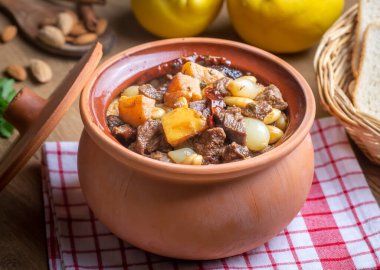 Traditional delicious Turkish foods; Quince and plum lamb stew, lamb tandoori (Turkish name; Ayvali - erikli kuzu guvec - kuzu tandir