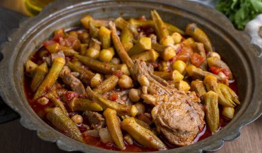 Traditional delicious Turkish cuisine. Locally cooked okra dish. Turkey Adana style meat okra dish. Turkish name; etli bamya yemegi. 