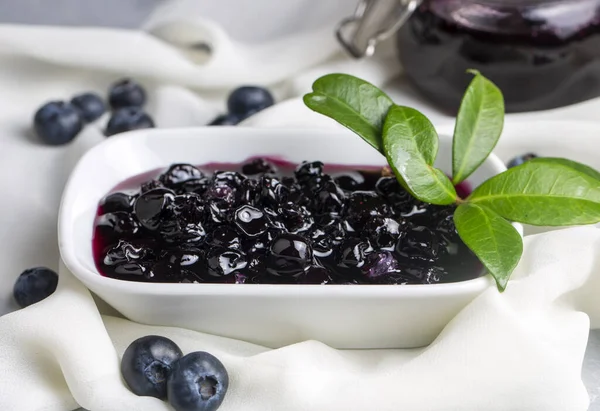 Blueberry Jam Jar Berries Leaves — Stock Photo, Image