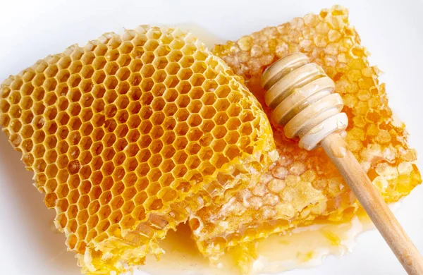 Sweet Honeycomb Isolated White Bee Products Organic Natural Ingredients Concept — ストック写真