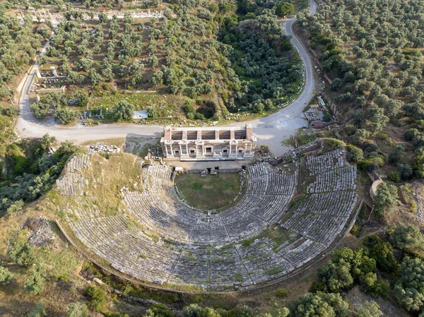 尼萨古城罗马时期古代剧场 Amphitheatre 的空中景观 Sultanhisar Aydin 土耳其 — 图库照片