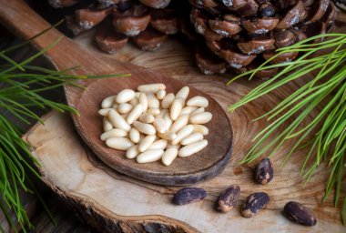 Çam fıstığı ahşap masa üzerinde kaşık ve çam fıstığı koni. Organik gıda.