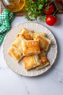 Lezzetli Türk tepsisi pastası, peynirli su boregi. Adana borek.