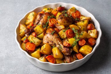 Baked chicken thighs and fried potatoes look delicious.