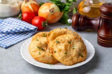 Delicious meat pie from Turkish cuisine. Fried handmade pies. Turkish name; fincan boregi or puf borek