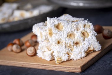Traditional delicious Turkish dessert; cezerye with hazelnuts and coconut (Turkish name; Findikli madonna)