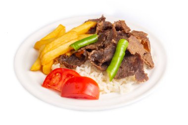 Meat doner menu, iskender menu on plate, turkish special meat doner, food, special menu (Turkish name; pilav ustu et doner)