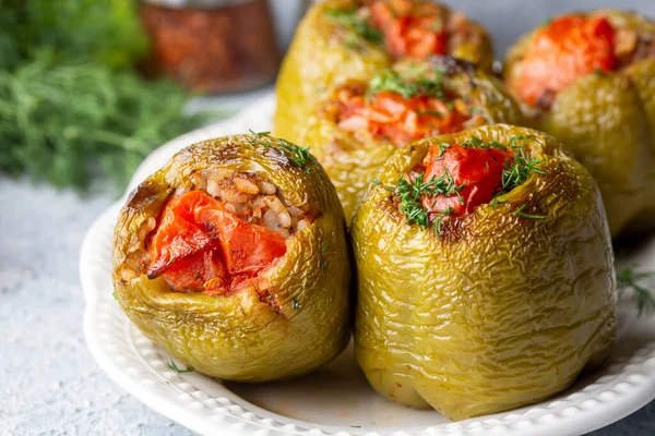 stock image Traditional delicious Turkish food; stuffed bell peppers with meat (Turkish name; Etli biber dolmasi)