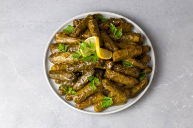 Lezzetli dolma (sarma) doldurulmuş üzüm yaprağı pilav, beyaz yoğurt sosu. Lübnan Dolma Sarması tabakta. Lübnan Türk mutfağı, Yunan ortadoğu mutfağı. (Türkçe adı: Yaprak sarma)