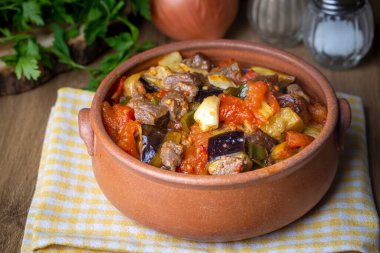 Traditional delicious Turkish foods; Quince and plum lamb stew, lamb tandoori (Turkish name; Ayvali - erikli kuzu guvec - kuzu tandir