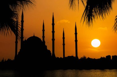 Adana / Türkiye, Sabancı Merkez Camii gece görüşü. Seyahat konsepti fotoğrafı. 