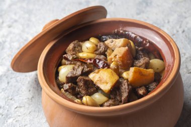 Traditional delicious Turkish foods; Quince and plum lamb stew, lamb tandoori (Turkish name; Ayvali - erikli kuzu guvec - kuzu tandir