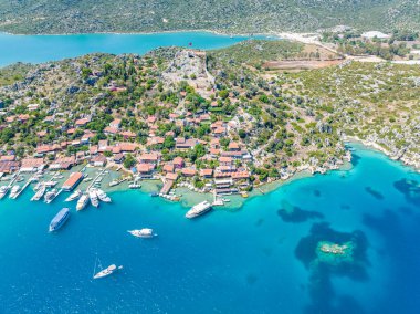 İnsansız hava aracı ile hava görüntüsü. Kalekoy - Simena - Kekova - Türkiye.