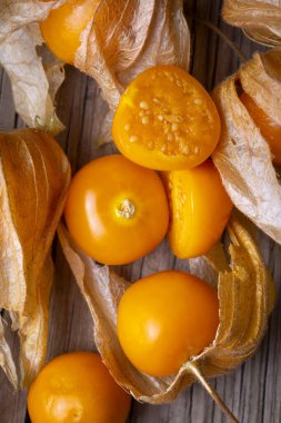 Close-up of Cape gooseberry (Physalis peruviana). Physalis fruit ( Physalis peruviana) isolated. Cape gooseberry, golden berry. Thai fruit.