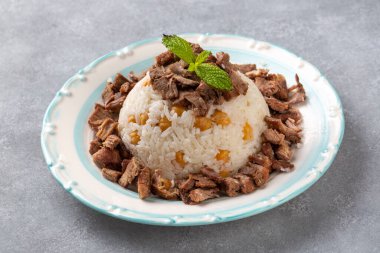 Traditional Turkish food; Roasted meat on rice (Turkish name; pilav ustu kavurma, kurban kavurma, nohutlu etli pilav)