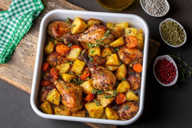 Baked chicken thighs and fried potatoes look delicious.