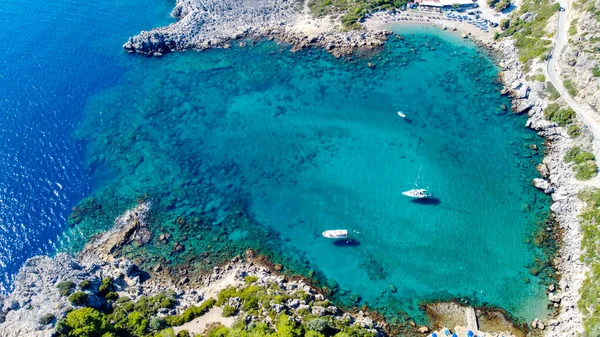 位于希腊罗得岛的Ladiko海滩和Anthony Quinn湾鸟瞰全景 无人机摄影 — 图库照片